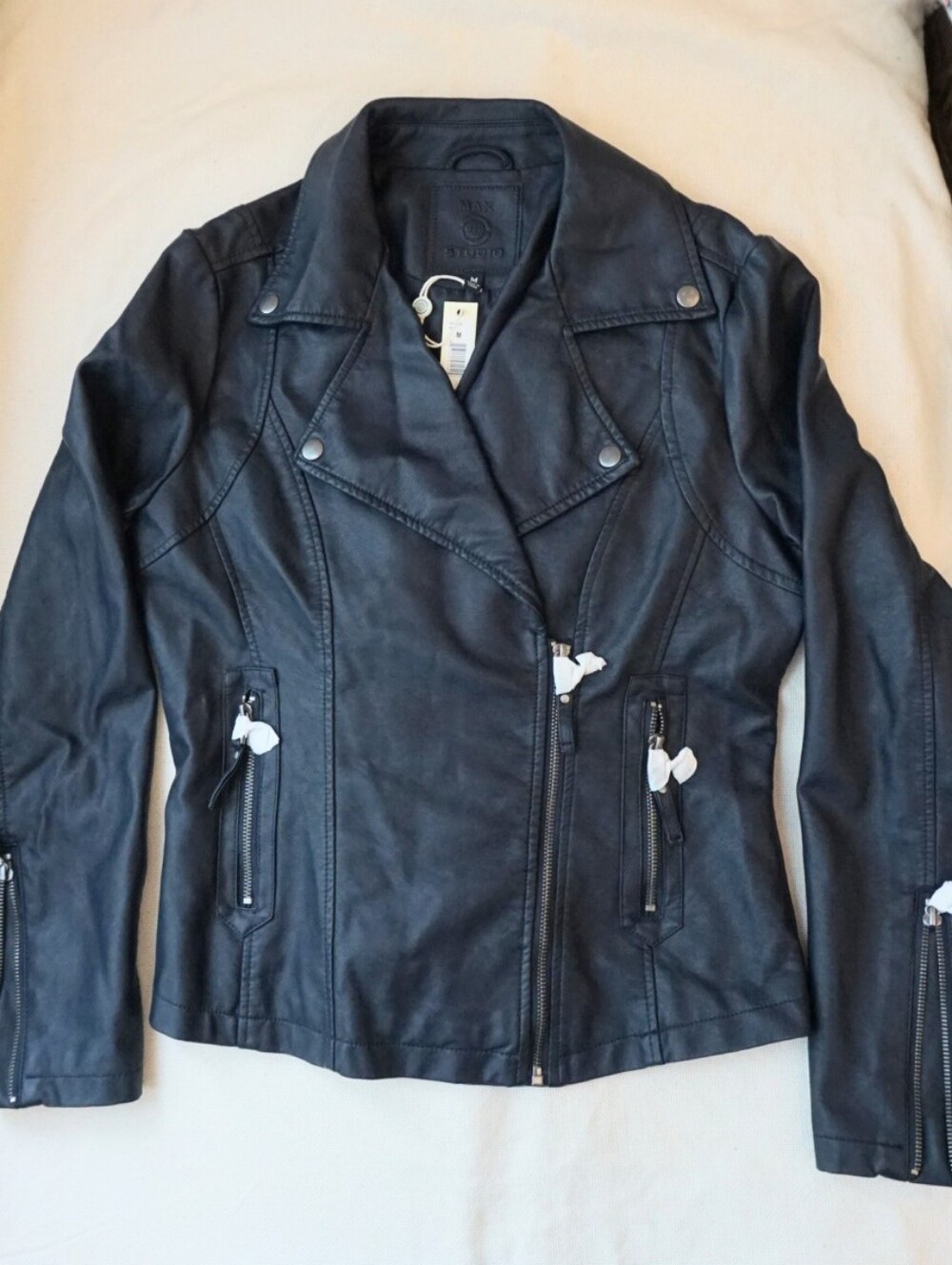Max Studio NWT Black Faux Leather Moto Jacket Medium Zip Biker Jacket
